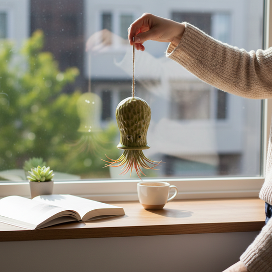 Mellow Monkey yellow ceramic hanging planter with a live Tillandsia air plant held by a hand near a sunny window.