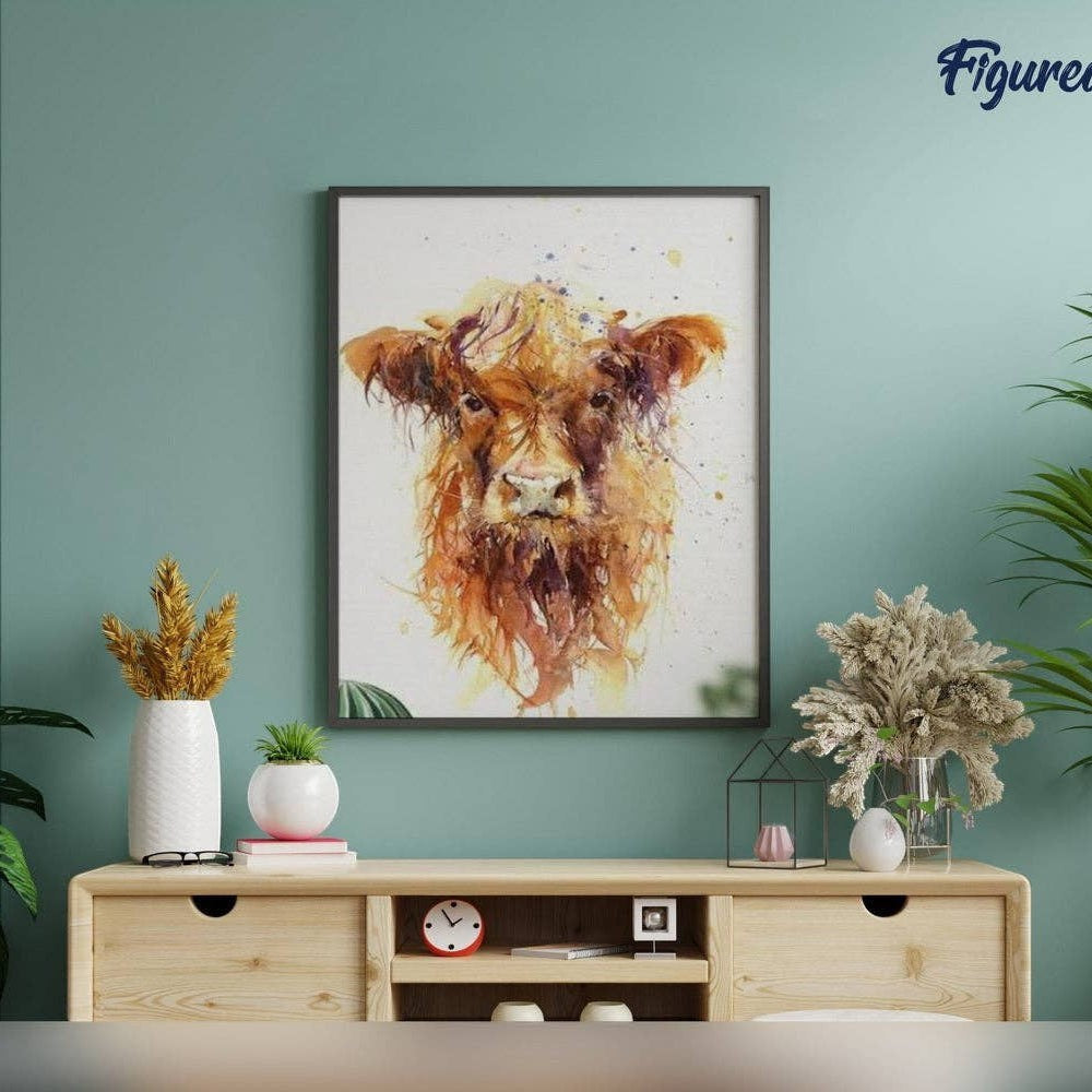 Mellow Monkey Yellow Cow paint by numbers kit, 16"x20" advanced difficulty, watercolor style on linen canvas.