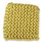 Mellow Monkey yellow crocheted cotton pot holder, 8-inch square with thick texture and hanging loop.