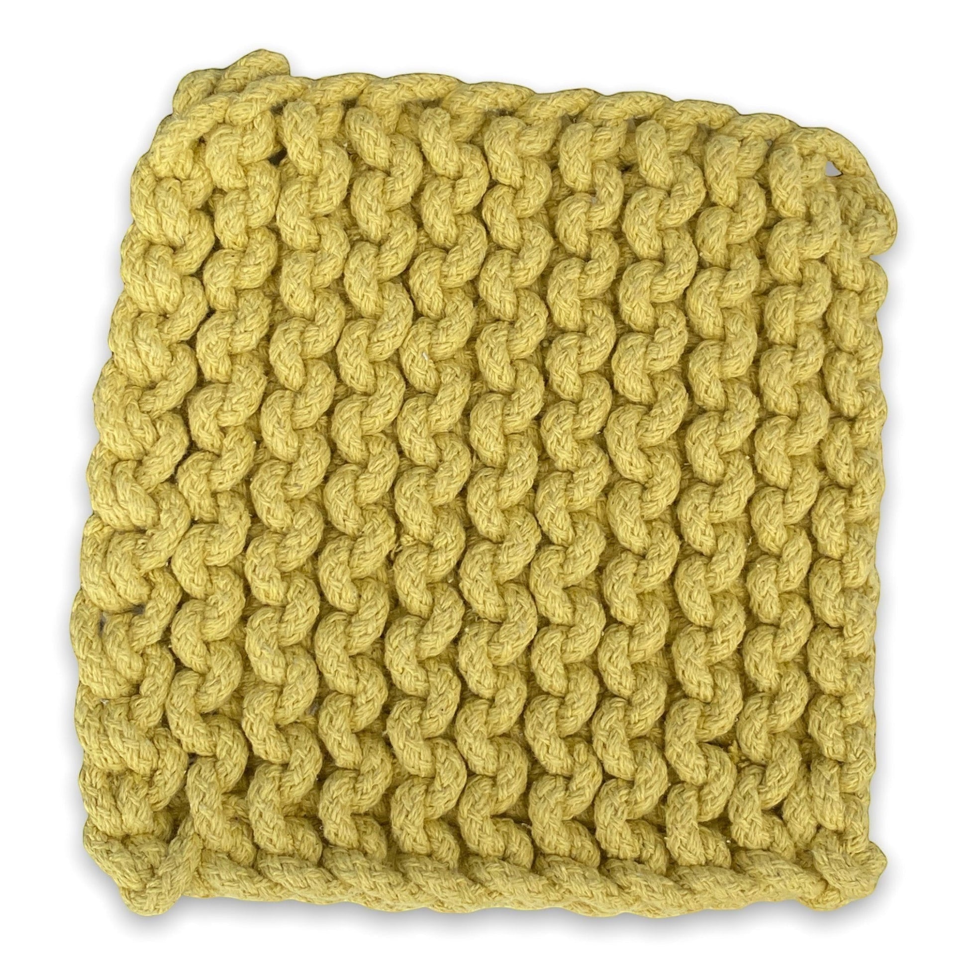 Mellow Monkey yellow crocheted cotton pot holder, 8-inch square with thick texture and hanging loop.
