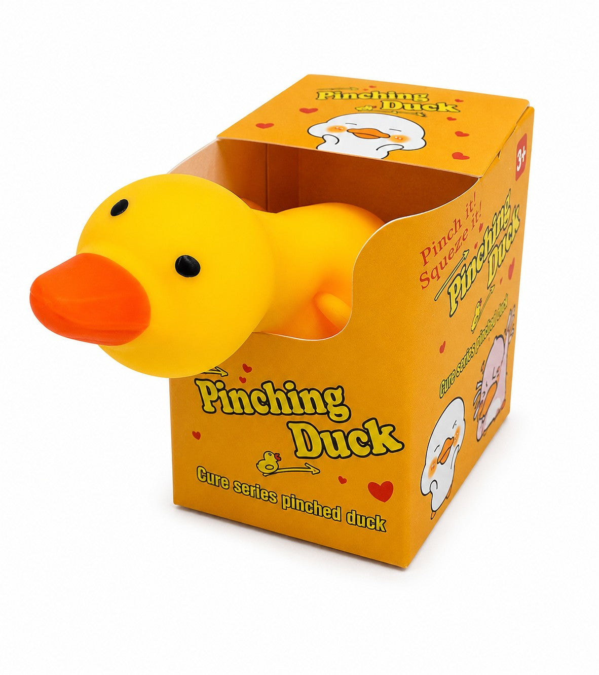 Mellow Monkey yellow duck squishy toy with orange beak in its branded display box for stress relief and sensory play