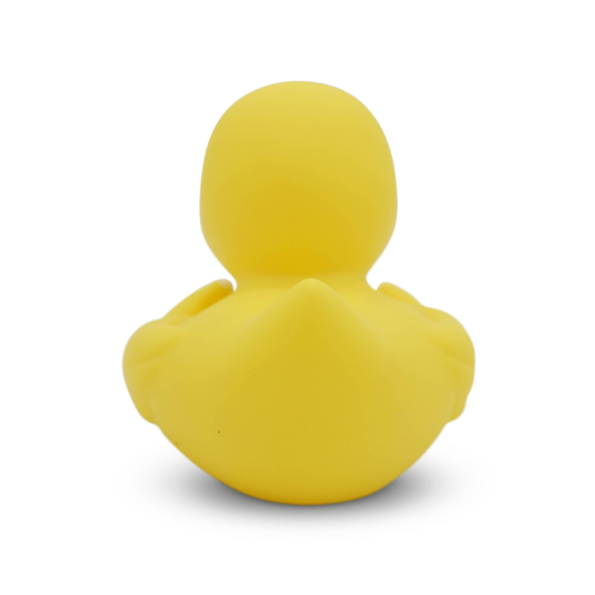 Back view of a bright yellow Mellow Monkey rubber duck made of soft plastic, perfect for desks or dashboards.