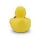 Mellow Monkey yellow rubber duck with a red heart detail seen from the back on a white background