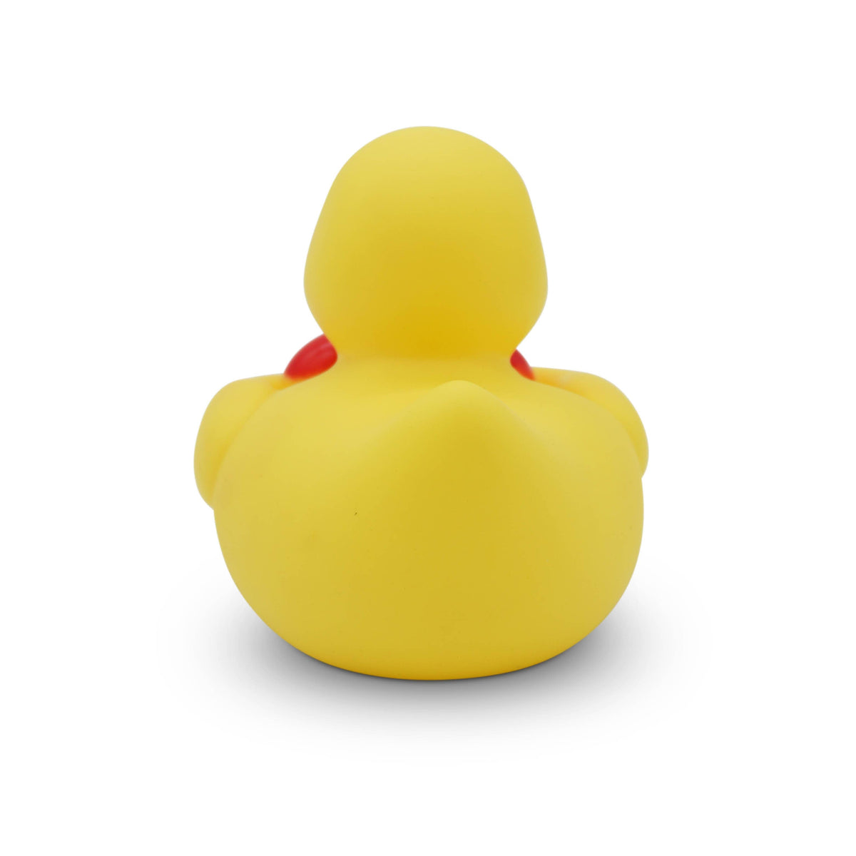 Mellow Monkey yellow rubber duck with a red heart detail seen from the back on a white background