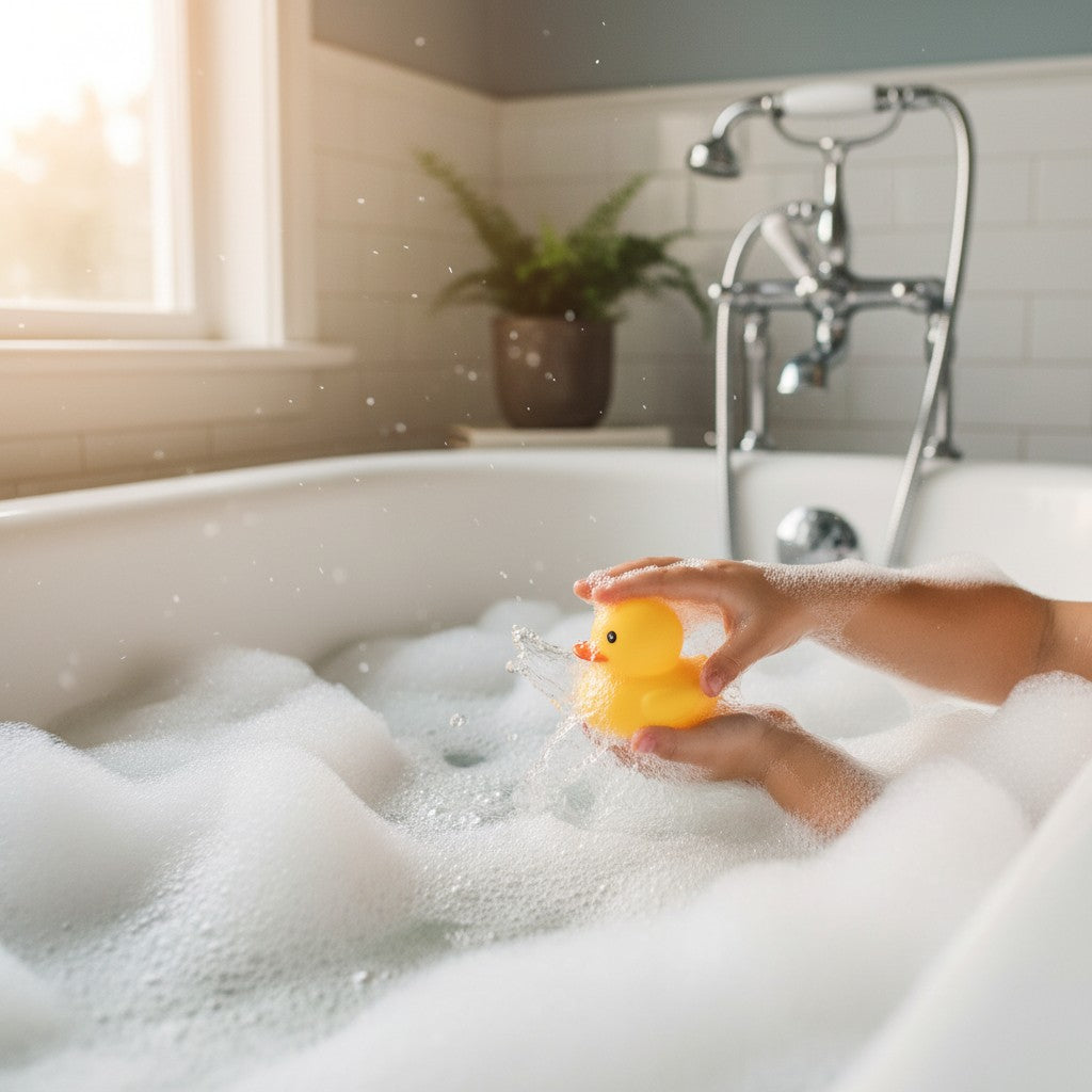 A child playing with a classic yellow Mellow Monkey rubber duck in a bubble-filled bathtub.