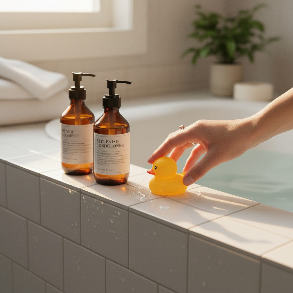 Mellow Monkey yellow rubber duck toy sitting on a tiled bathroom ledge next to shampoo bottles and a hand