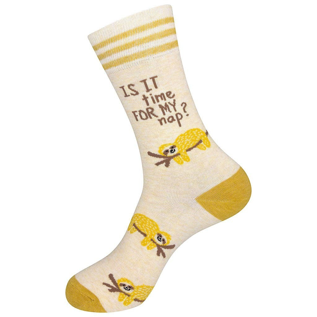 Mellow Monkey pale yellow crew socks with sloth illustrations and the text Is It Time For My Nap?