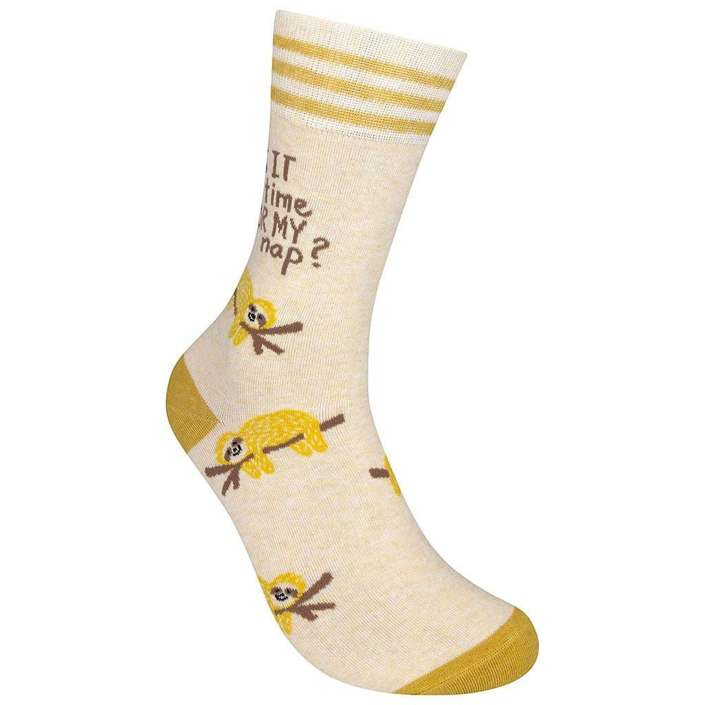 Mellow Monkey pale yellow crew socks featuring sloth illustrations and the text Is It Time For My Nap?
