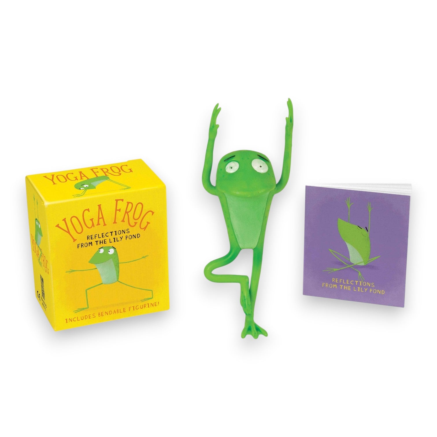 Mellow Monkey Yoga Frog bendable figurine with mini book and yellow box featuring yoga poses for desktop relaxation