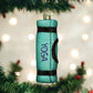 Mellow Monkey teal blown glass yoga mat ornament with black accents and "YOGA" text.