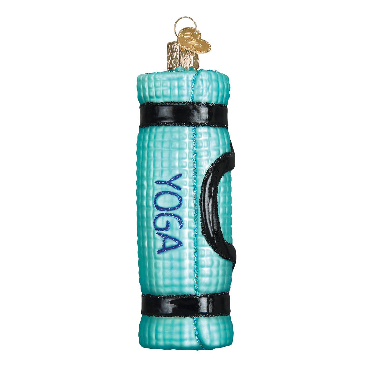 Mellow Monkey turquoise blown glass yoga mat ornament with black straps and glitter accents. Reads "YOGA".