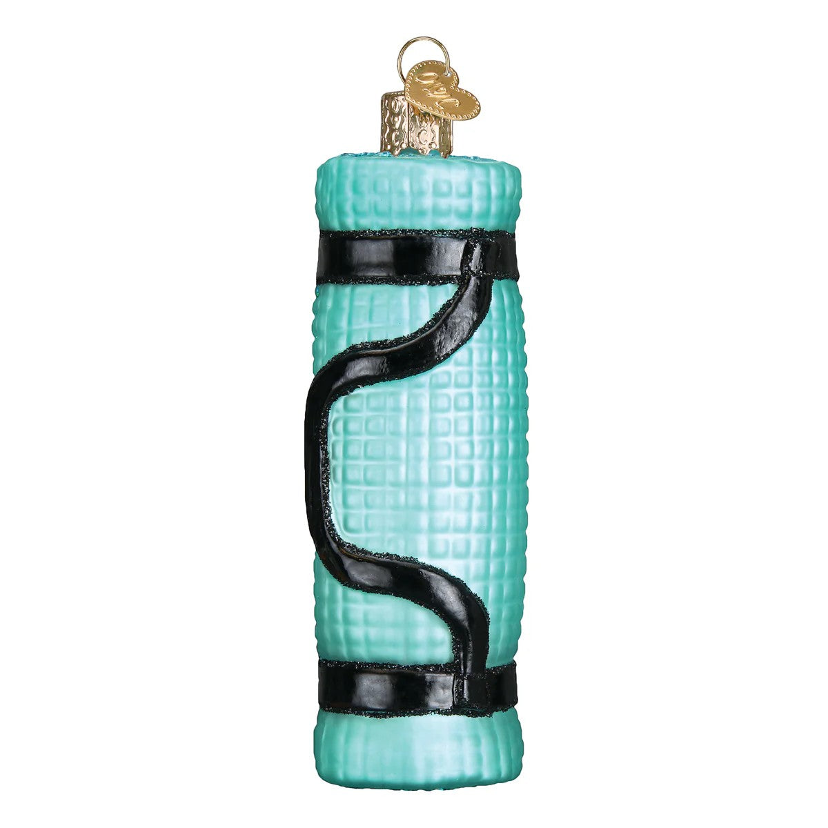 Mellow Monkey turquoise blown glass yoga mat ornament with black glittery straps and a gold heart charm.