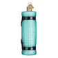 Mellow Monkey turquoise blown glass yoga mat ornament with black glitter accents and gold heart charm.