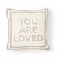 Mellow Monkey square decorative pillow with gray punch-embroidered You Are Loved text on a white textured background