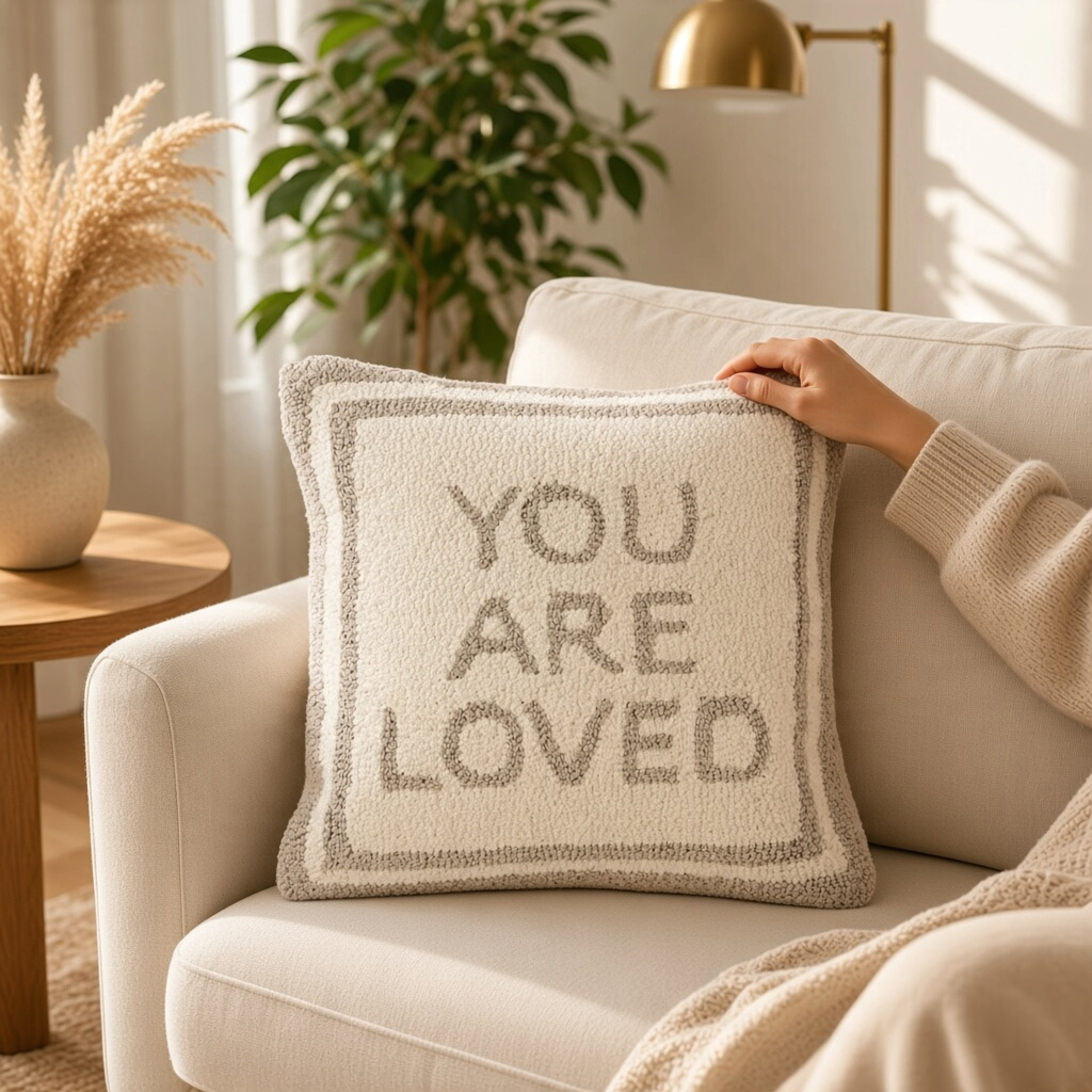 Mellow Monkey square decorative pillow with gray punch-embroidered You Are Loved text on a cream textured fabric