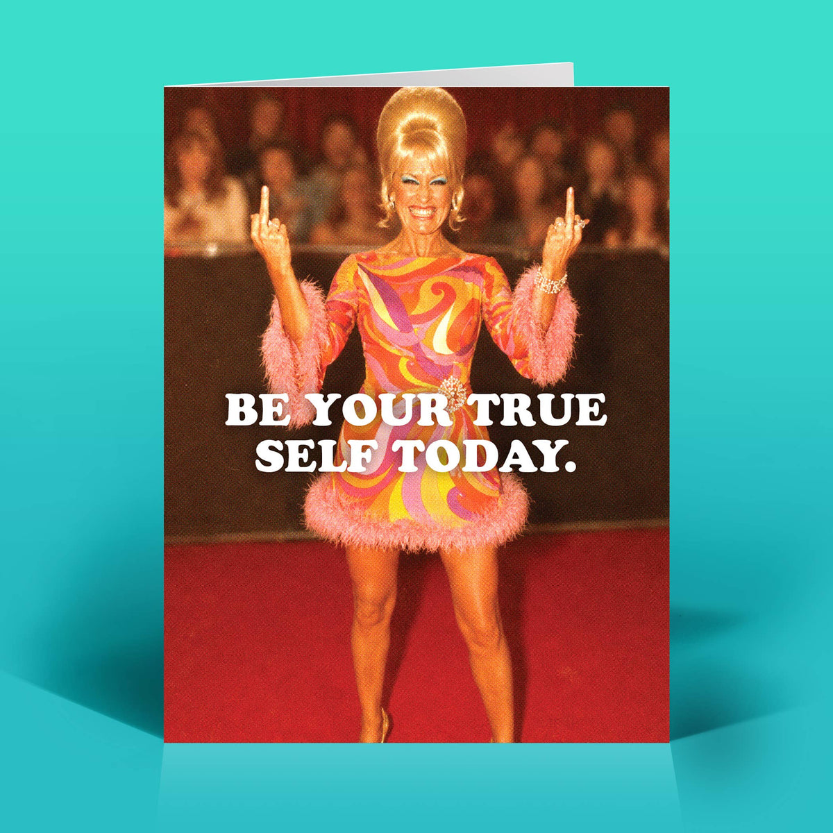 Mellow Monkey Your True Self greeting card featuring a woman in a retro pink and orange dress giving the middle finger.