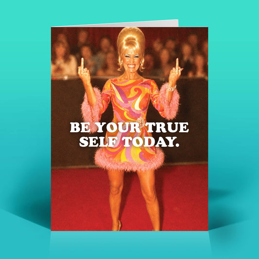 Mellow Monkey Your True Self greeting card featuring a woman in a retro pink and orange dress giving the middle finger.