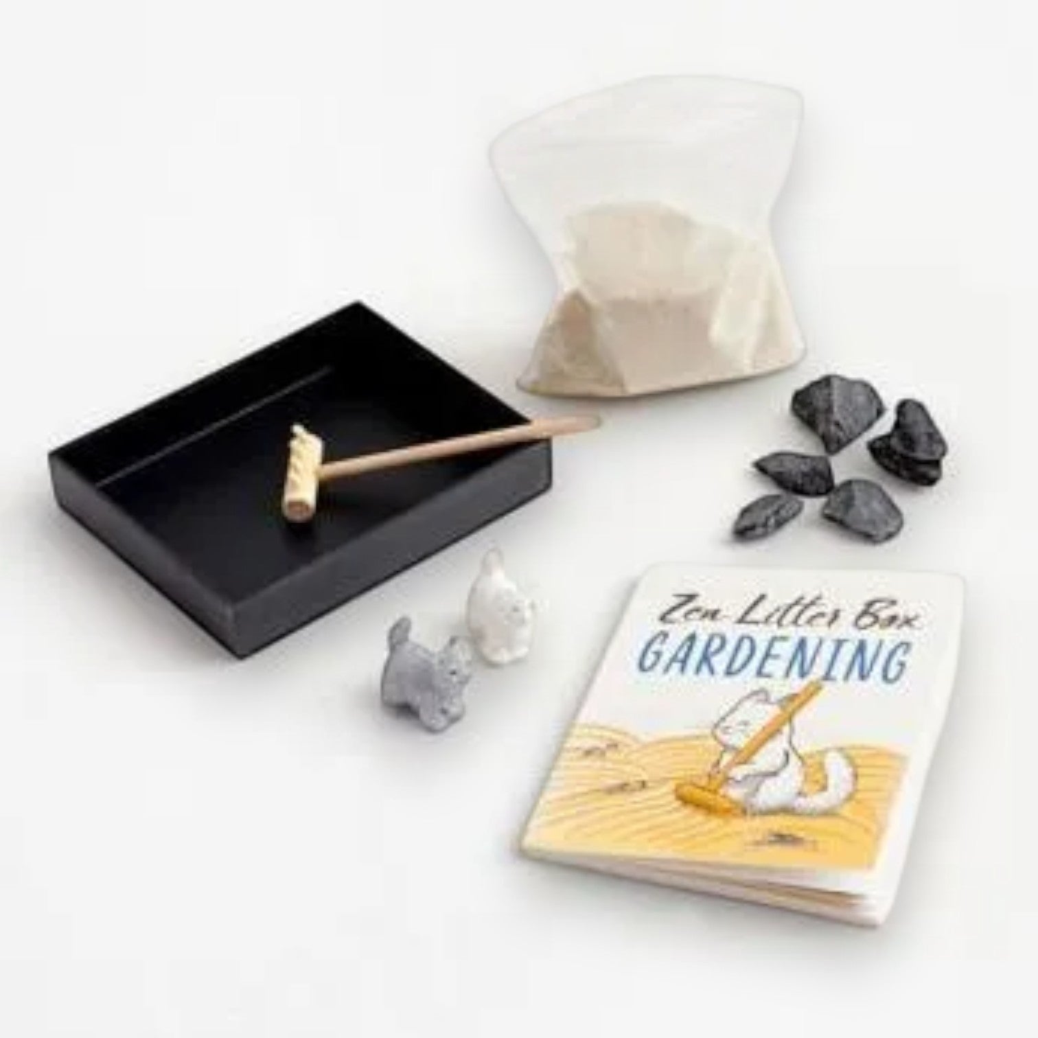 Mellow Monkey Zen Garden Litter Box kit with black tray, sand, two cat figurines, decorative rocks, and wooden rake.