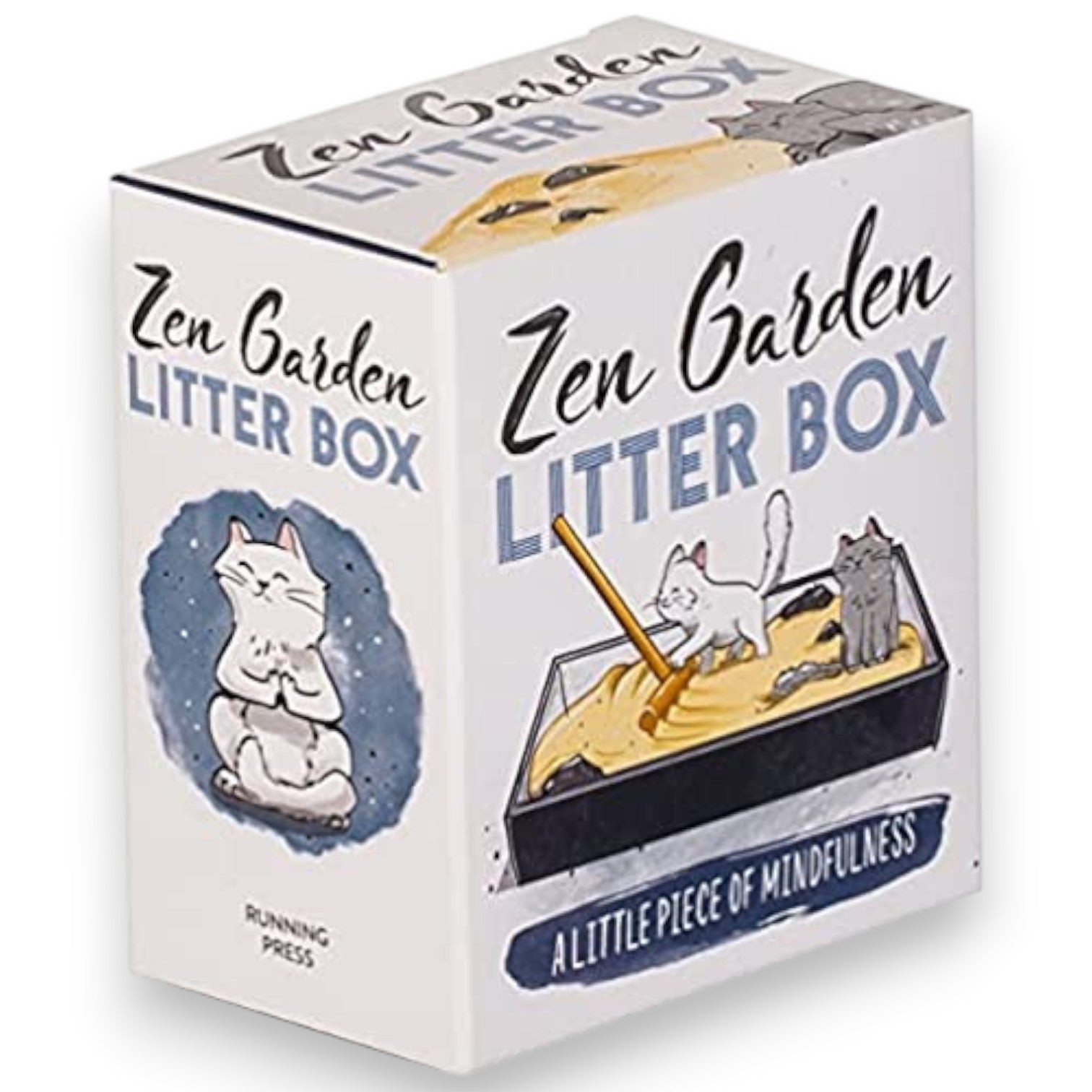 Mellow Monkey Zen Garden Litter Box kit featuring a miniature tray, cat figurines, sand, rocks, and a wooden rake.