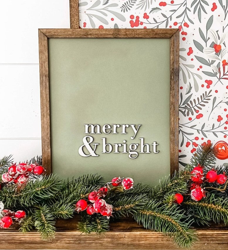 Merry and Bright - Handmade Framed Sign - 15-in - Mellow Monkey