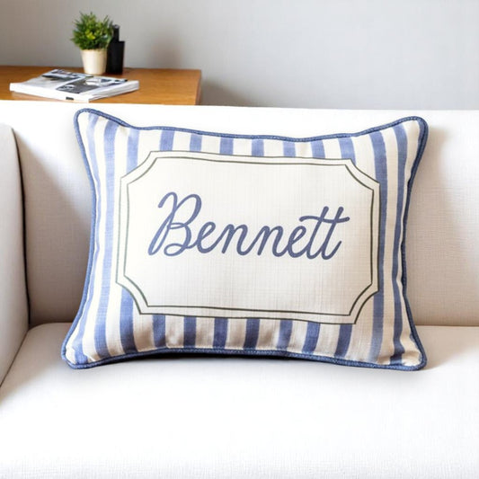 Blue French Striped Personalized Pillow with Laurel Blue Piping - 19-inch - Mellow Monkey
