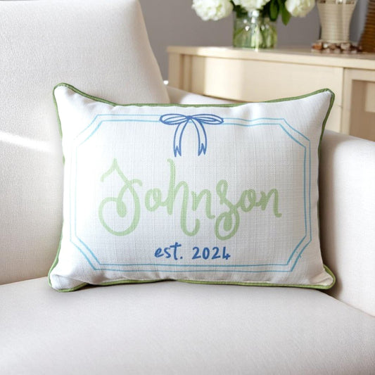 Ribbon Frame Family Name Personalized Pillow with Sage Piping - 19-inch - Mellow Monkey