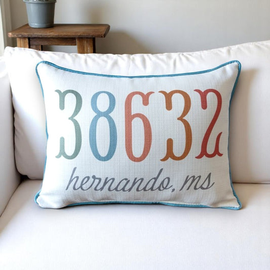 Fishtail Lettering Zip Code and Location Personalized Pillow with Frosty Blue Piping - 19-inch - Mellow Monkey