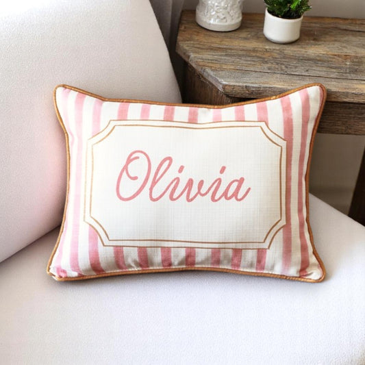 Pink French Striped Personalized Pillow with Happy Yellow Piping - 19-inch - Mellow Monkey