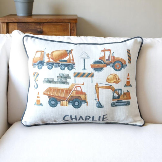 Construction Truck Personalized Pillow with Storm Gray Piping - 19-inch - Mellow Monkey