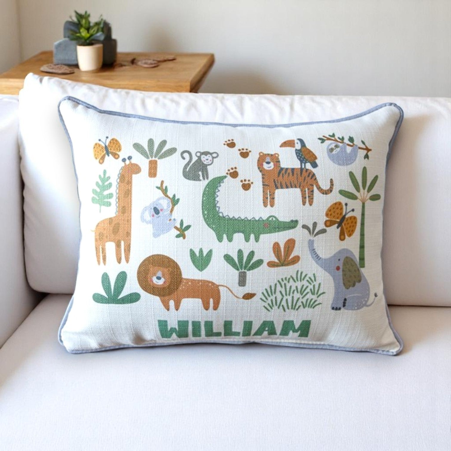 Safari Cluster Personalized Pillow with Dream Gray Piping - 19-inch - Mellow Monkey