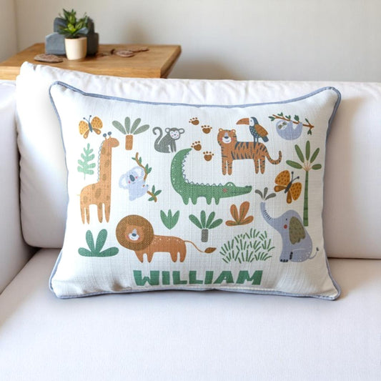 Safari Cluster Personalized Pillow with Dream Gray Piping - 19-inch - Mellow Monkey