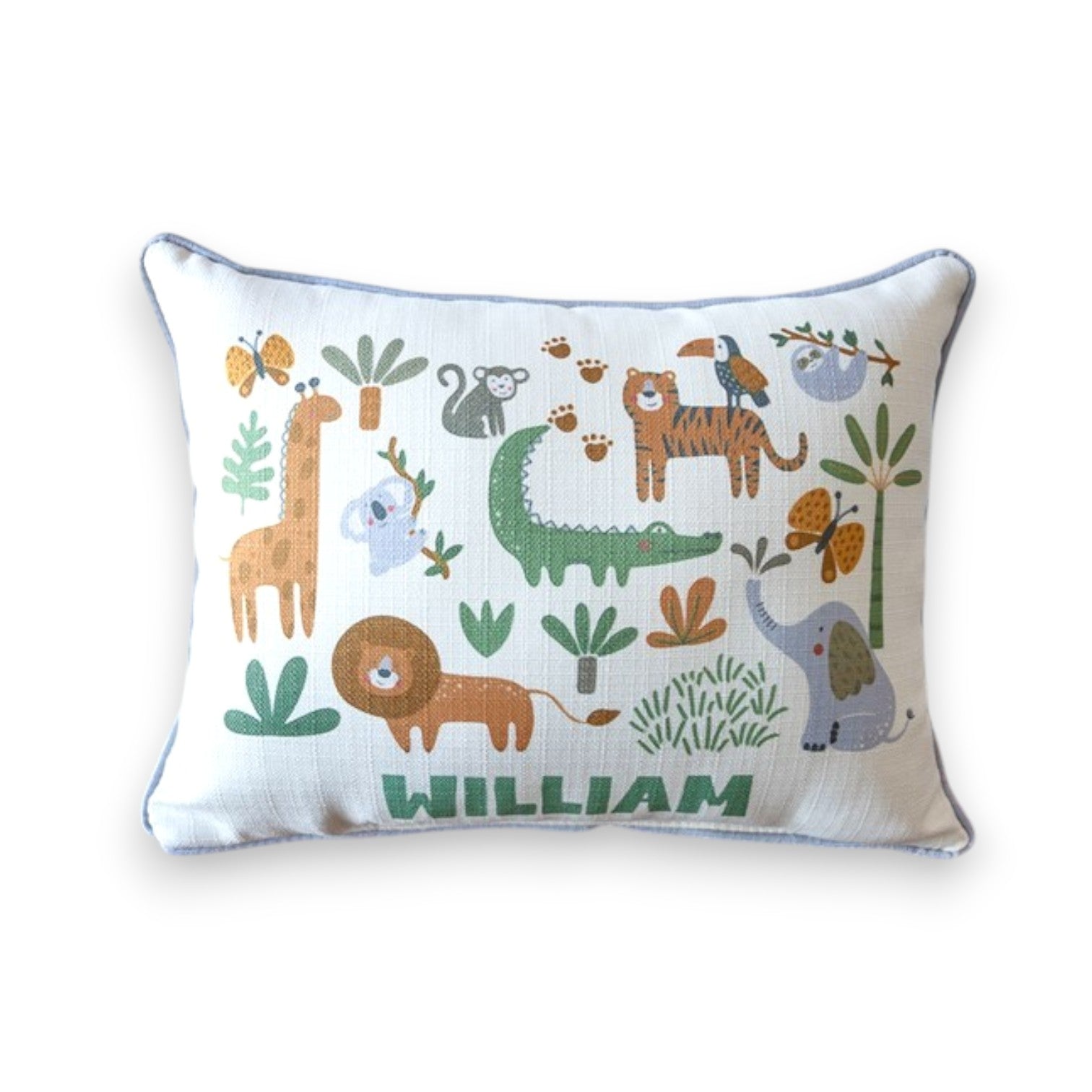 Safari Cluster Personalized Pillow with Dream Gray Piping - 19-inch - Mellow Monkey