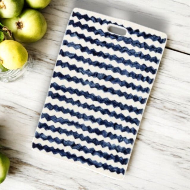 Blue and White Zigzag Stripe Ceramic Cutting Board - Mellow Monkey