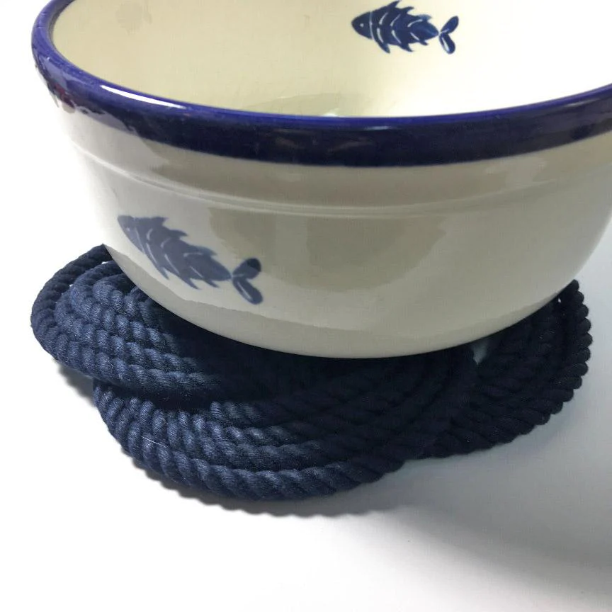 Nautical Sailor Knot Woven Rope Round Cotton Trivet 7-in - Navy - Mellow Monkey
