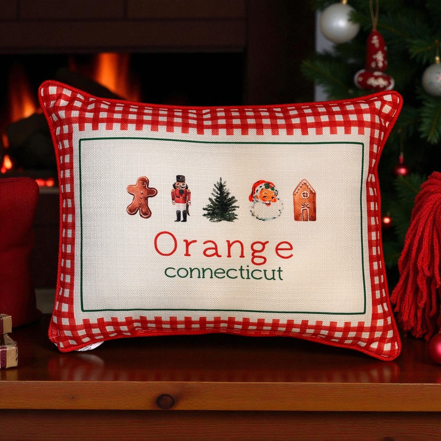 Gingham Christmas Hometown Pillow - Orange Connecticut - Red Piping - 19-in - Mellow Monkey