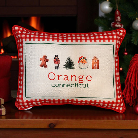 Gingham Christmas Hometown Pillow - Orange Connecticut - Red Piping - 19-in - Mellow Monkey