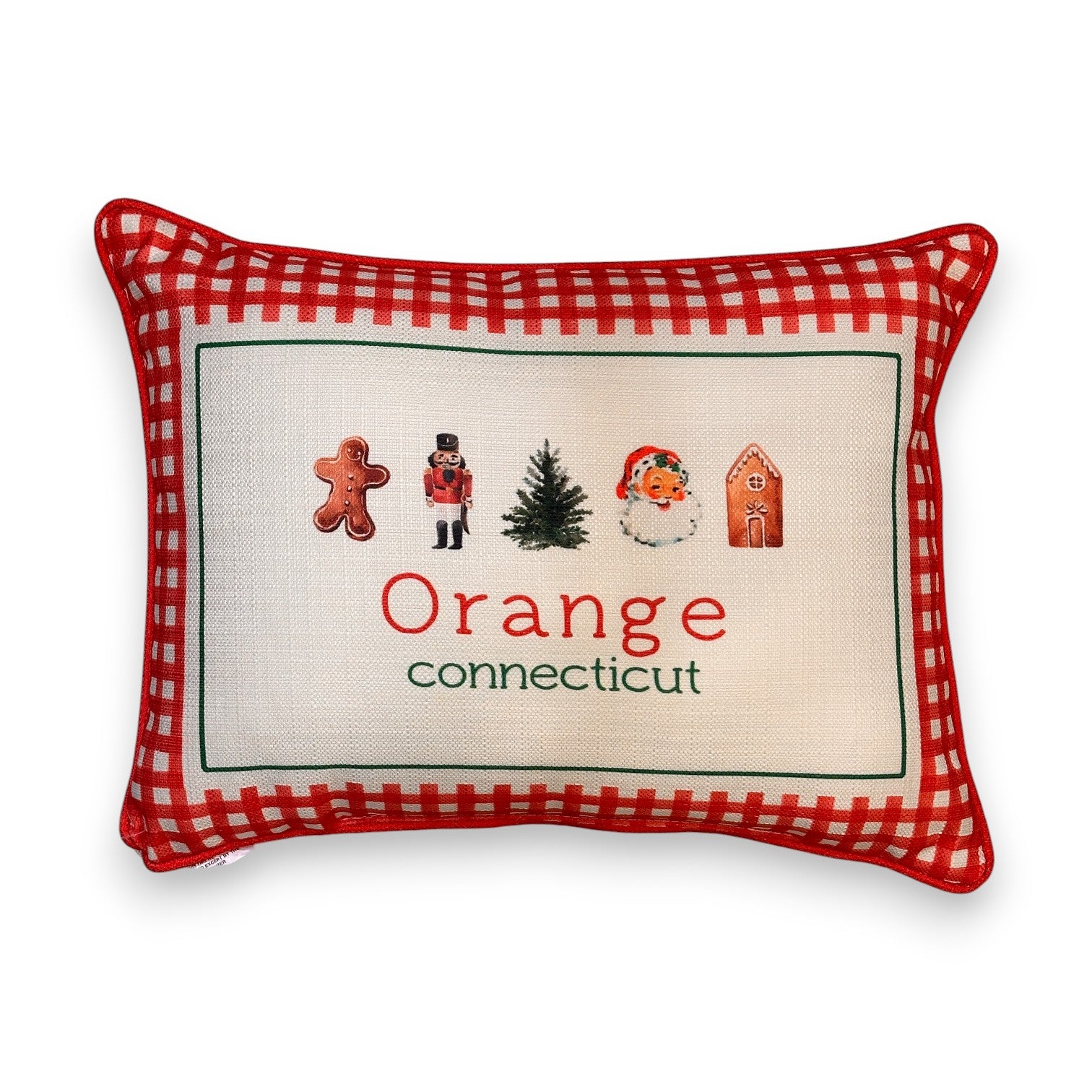 Gingham Christmas Hometown Pillow - Orange Connecticut - Red Piping - 19-in - Mellow Monkey