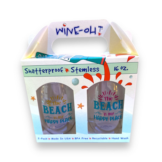 The Beach is My Happy Place (Pink / Yellow) - Shatterproof Stemless Wine Glass - 2-pk - Mellow Monkey