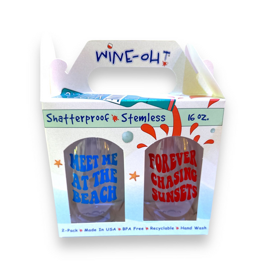 Retro Beach (Red / Blue) - Shatterproof Stemless Wine Glass - 2-pk - Mellow Monkey