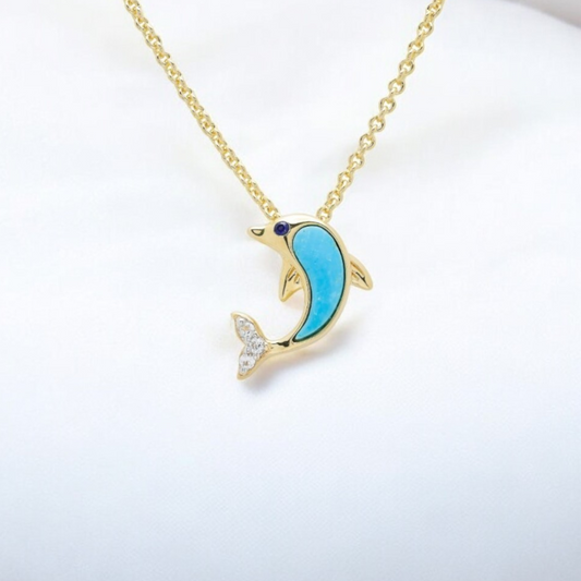 Turquoise Dolphin 14kt Gold Necklace - Gold Vermeil - Mellow Monkey