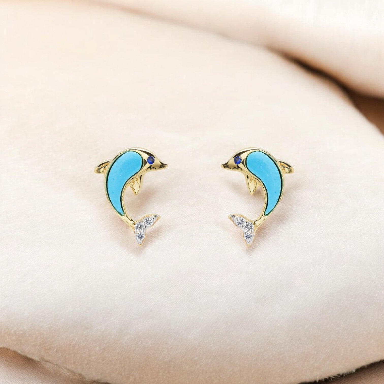Turquoise Dolphin 14kt Gold Stud Earrings - Gold Vermeil - Mellow Monkey