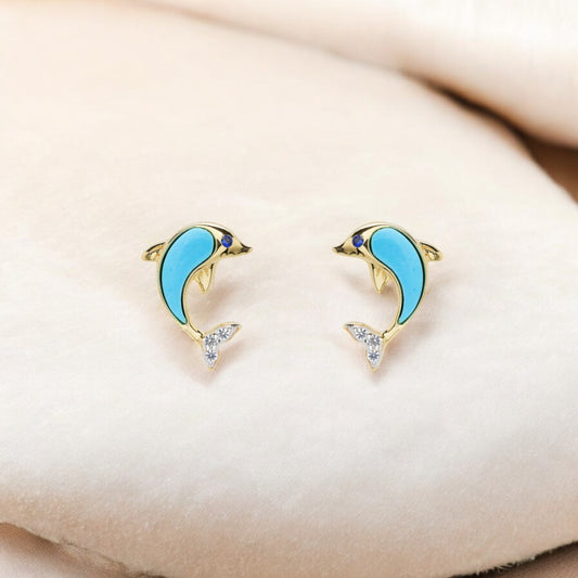 Turquoise Dolphin 14kt Gold Stud Earrings - Gold Vermeil - Mellow Monkey