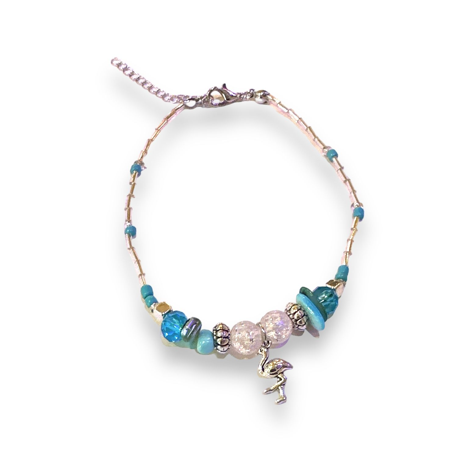 Flamingo Charmed Liquid Silver Anklet - Silver/Turquoise - Mellow Monkey