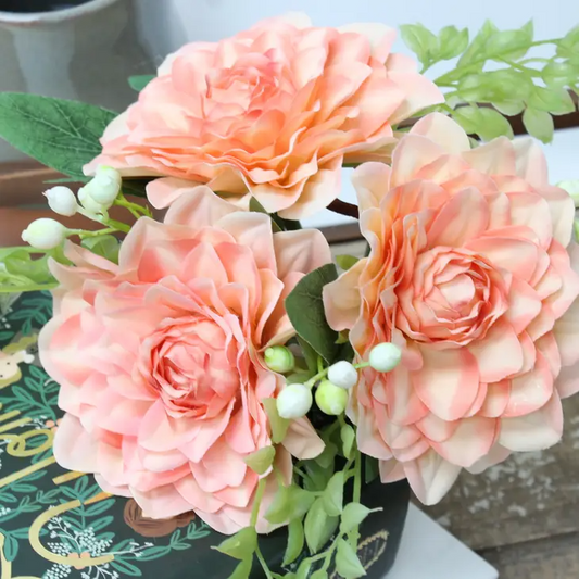 Artificial Silk Dahlia With Greenery Bundle - Peach Coral - 9"tall 4"bloom - Mellow Monkey