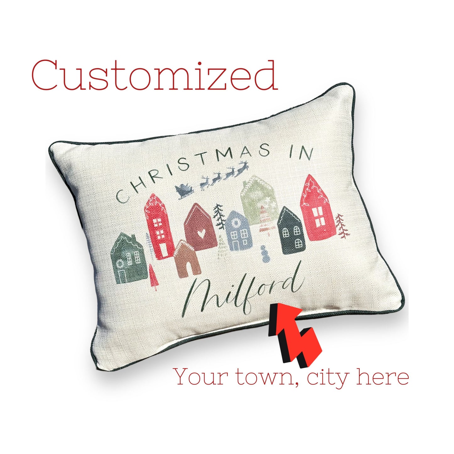 Christmas In YOUR TOWN Custom Throw Pillow with Evergreen Piping - 19-inch - Mellow Monkey