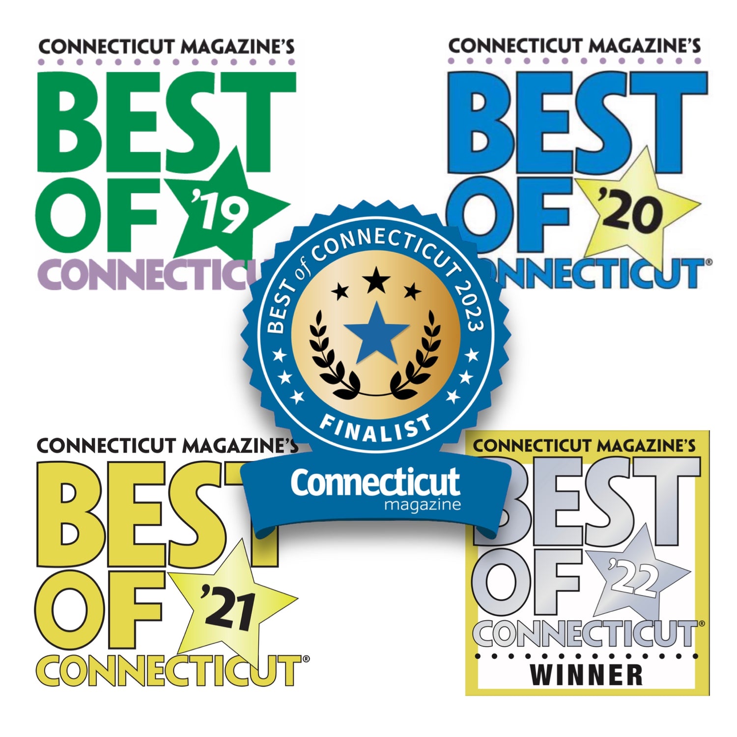 best of connecticut 2023 finalist badge overlayed on top of 4 previous year's badges