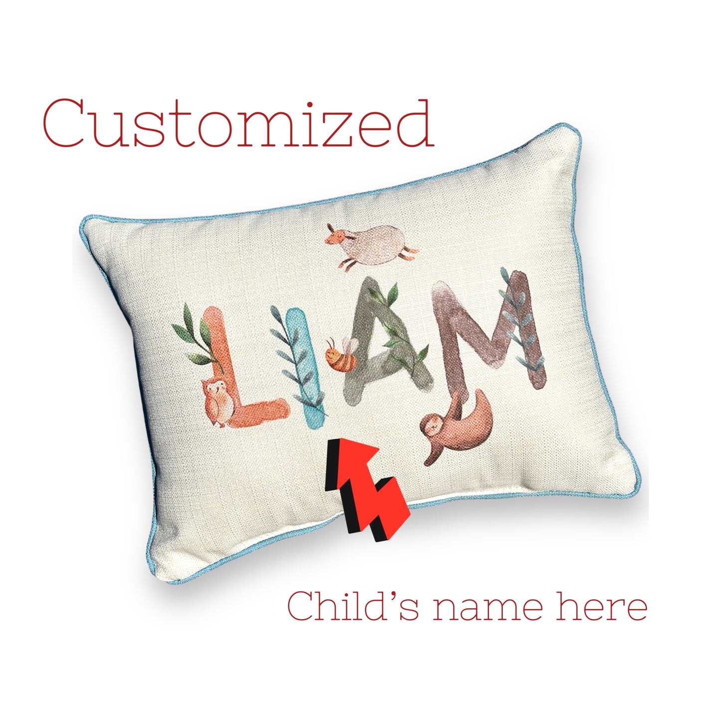 Custom Woodland Boy Name Throw Pillow with Sailboat Blue Piping - 19-inch - Mellow Monkey