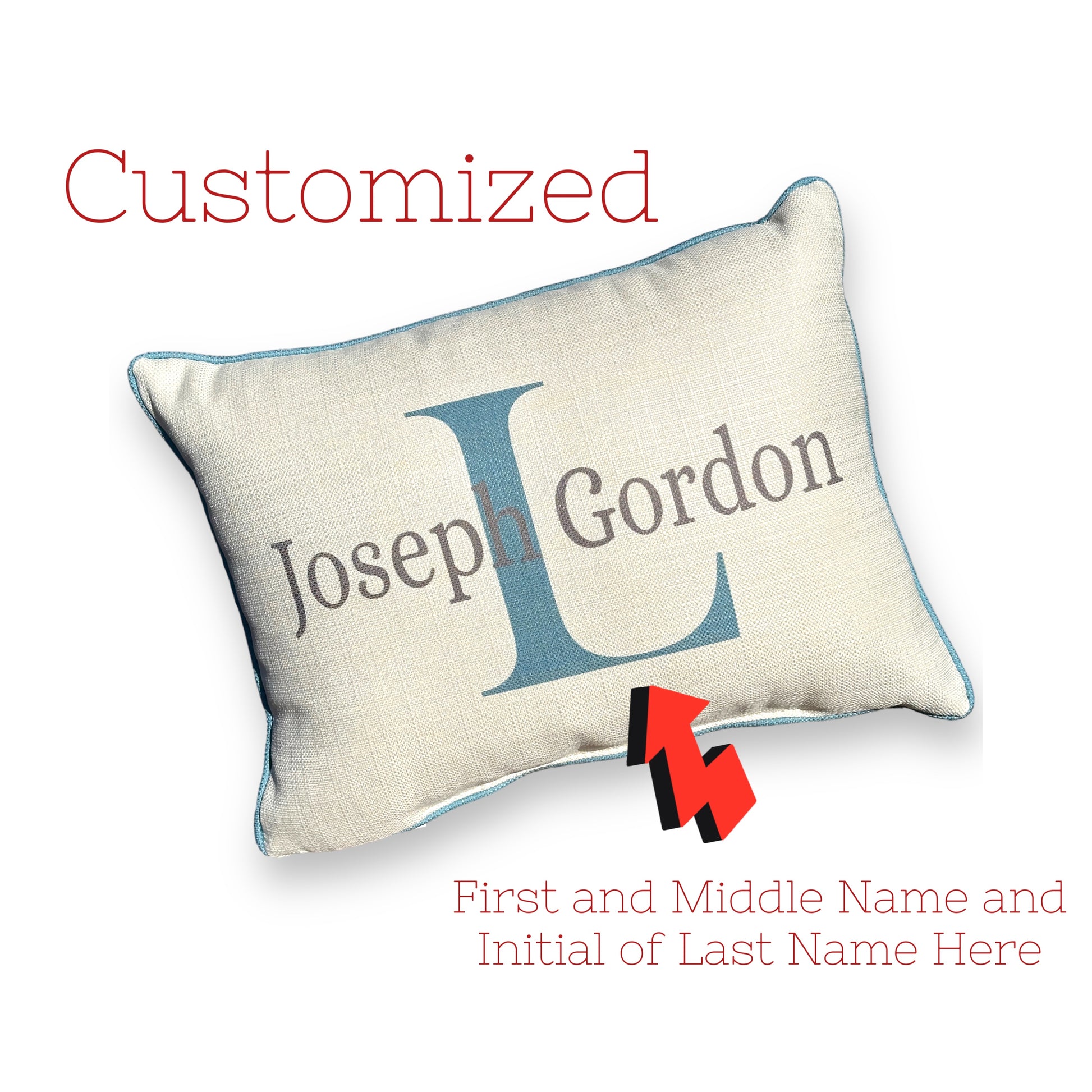 Classic Boy Name and Initial Throw Pillow with Sailboat Blue Piping - 19-inch - Mellow Monkey