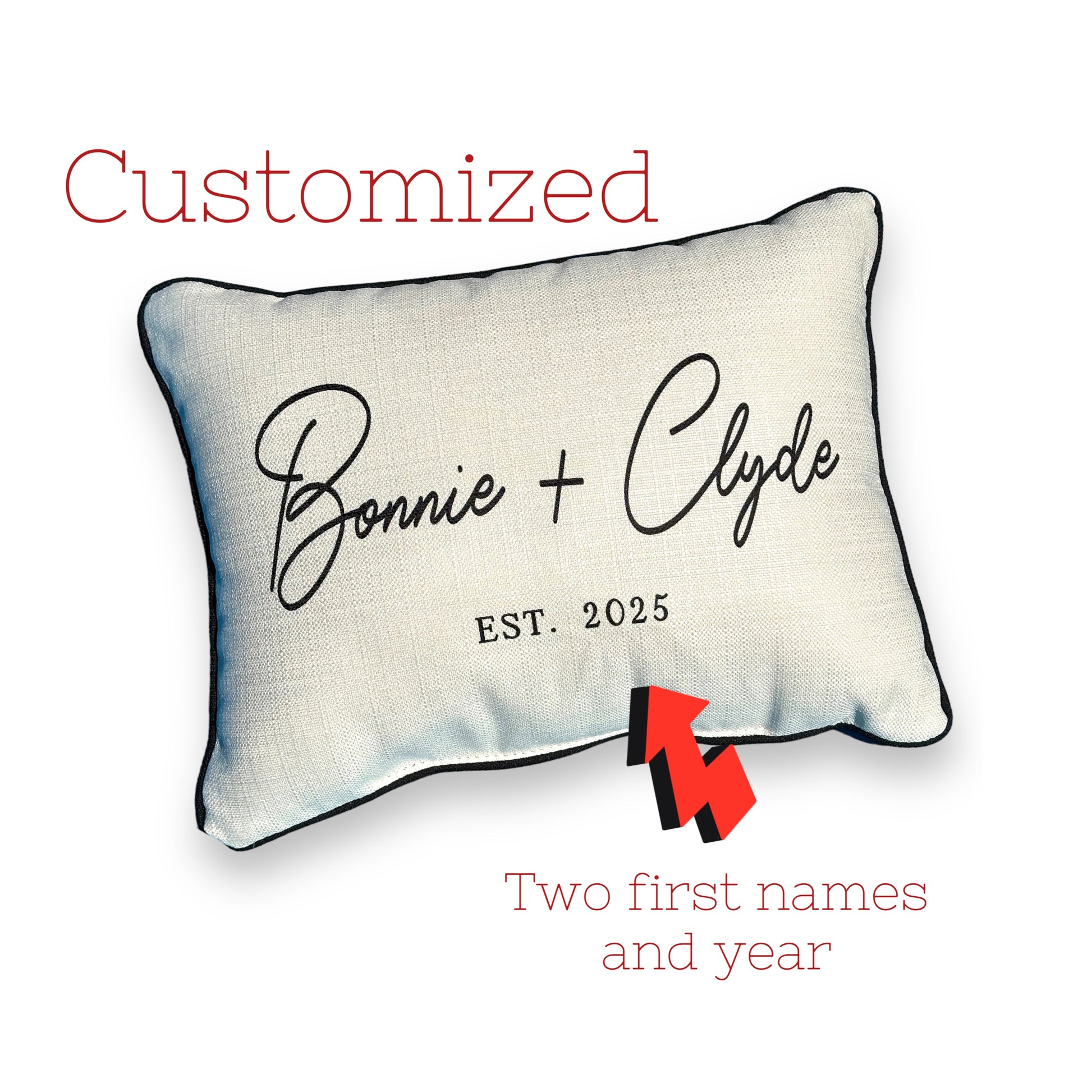 Couples Names and Established Date Throw Pillow with Black Piping - 19-inch - Mellow Monkey
