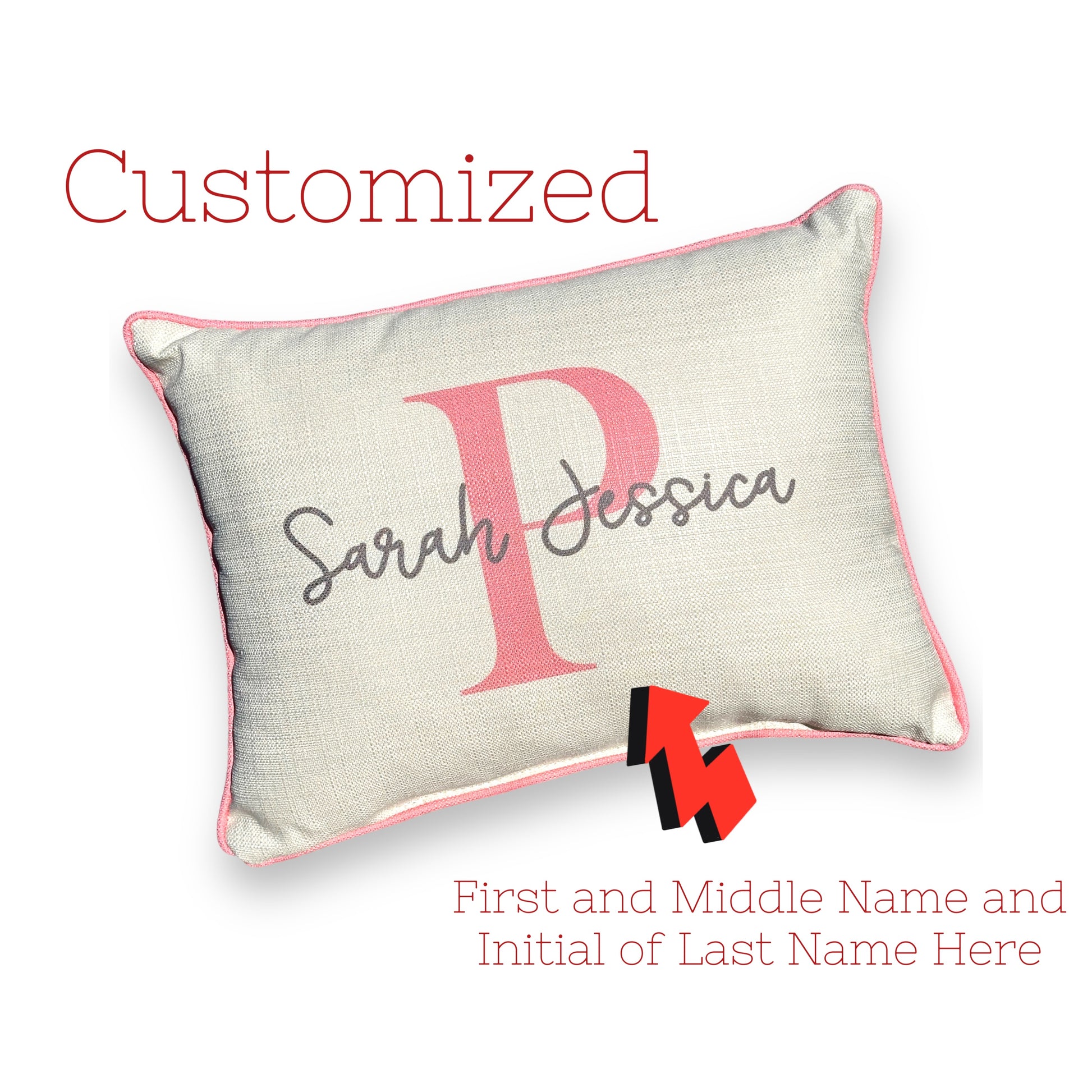 Classic Girl Name and Initial Throw Pillow with Light Pink Piping - 19-inch - Mellow Monkey